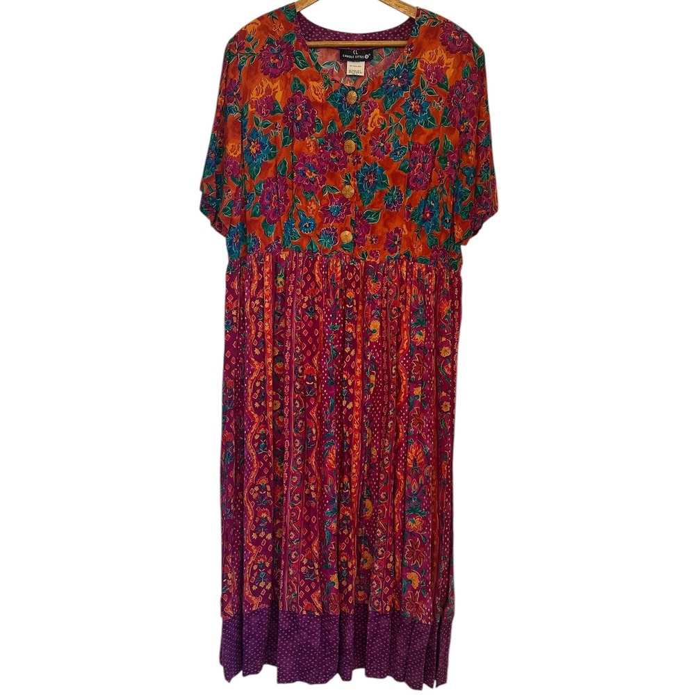 Vintage Carole Little Floral Maxi Dress Rayon Sz 16 Art to wear Artsy Boho 80s
